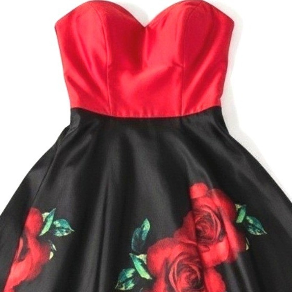 Strapless Red Black Rose Print Dress Sweetheart Neck Formal Prom Dance Sz 7 - Picture 2 of 8